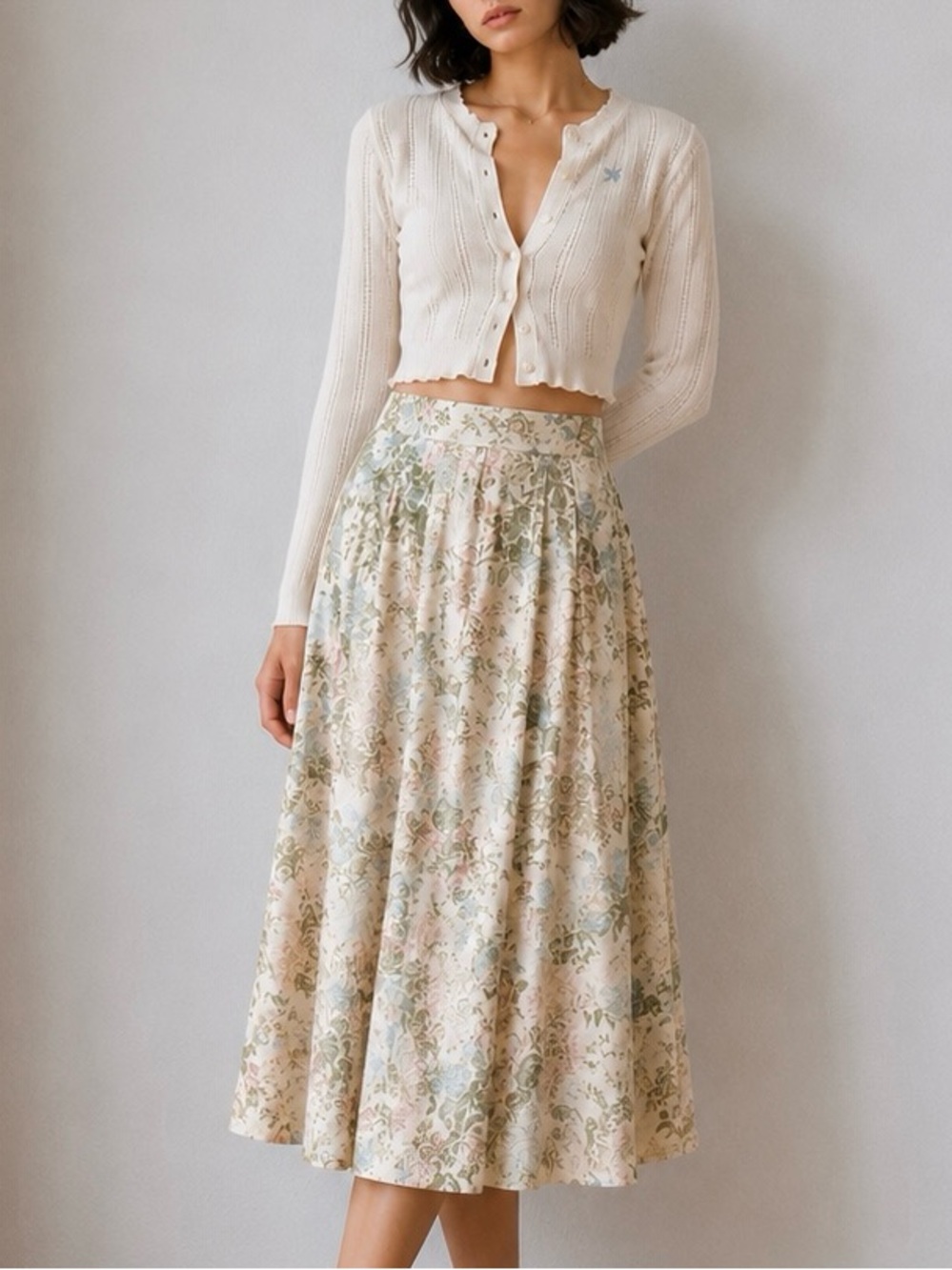Vintage 80s 90s Floral Cotton Midi Skirt 
Prairie Cottagecore Wrap Skirt Small - Picture 2 of 6